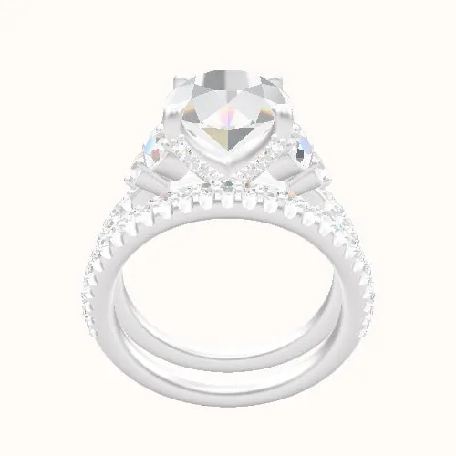 Cathedral Diamond Band with Round Sidestone Trio Engagement Ring With Pave V Prong Head and Matching Band