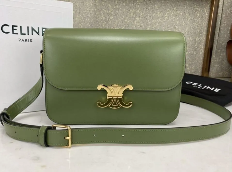 Celine Medium Triomphe Bag In Shiny Calfskin Light Khaki