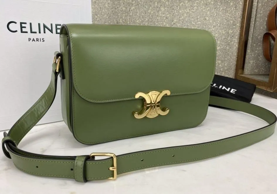 Celine Medium Triomphe Bag In Shiny Calfskin Light Khaki