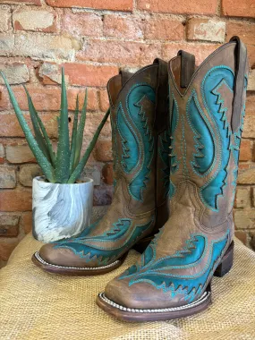 Circle G by Corral Women's Brown & Turquoise Inlay Square Toe Cowgirl Boots L6128