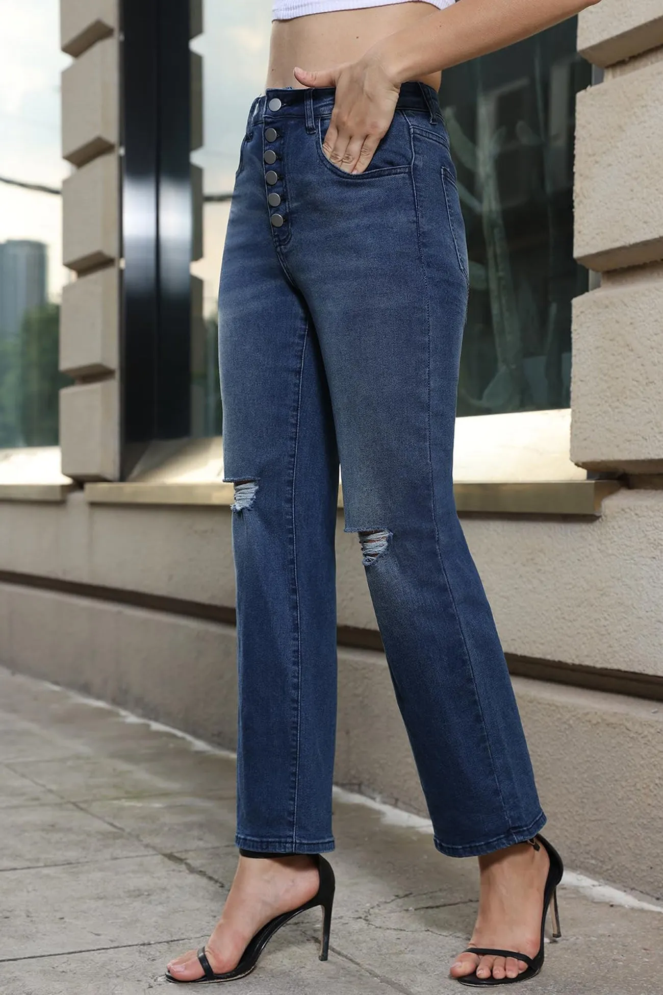 Distressed Button Straight Leg Jeans