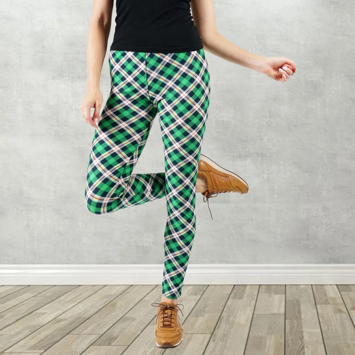 Green White Orange Plaid Soft Leggings