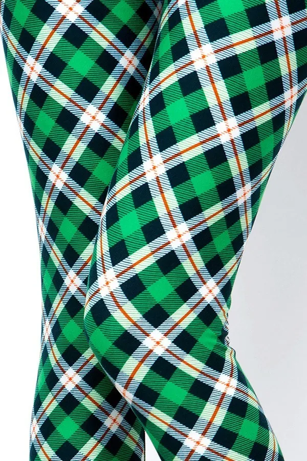 Green White Orange Plaid Soft Leggings