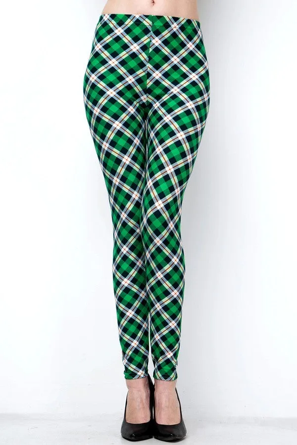 Green White Orange Plaid Soft Leggings