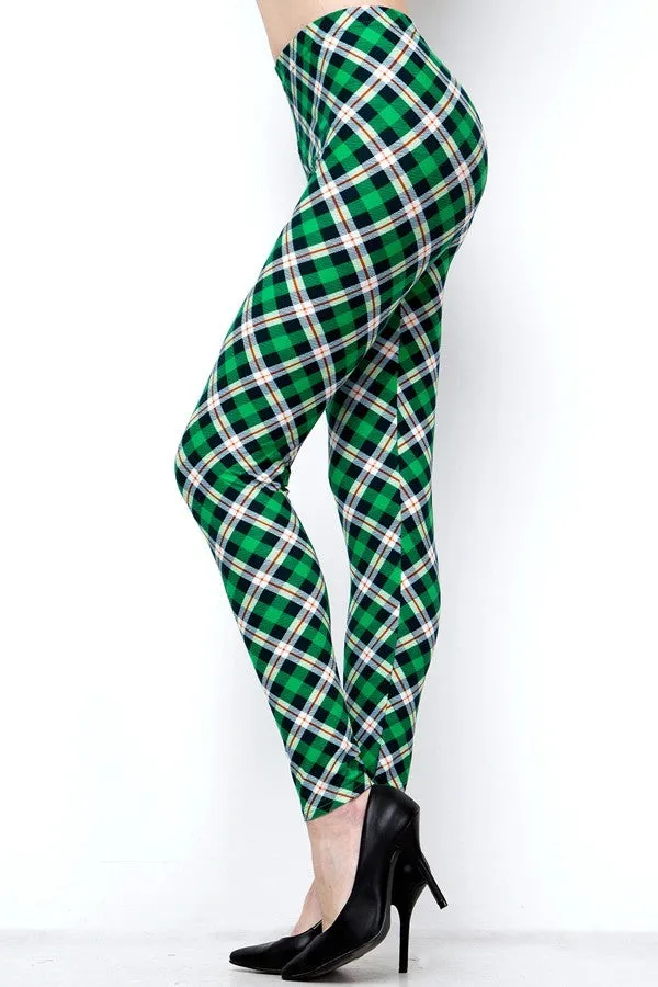 Green White Orange Plaid Soft Leggings