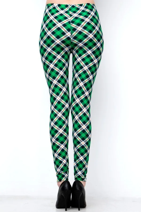 Green White Orange Plaid Soft Leggings