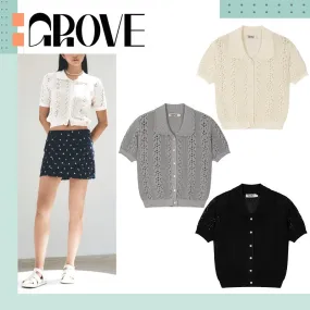 GROVE  |Street Style Plain Cotton Short Sleeves Logo Cardigans