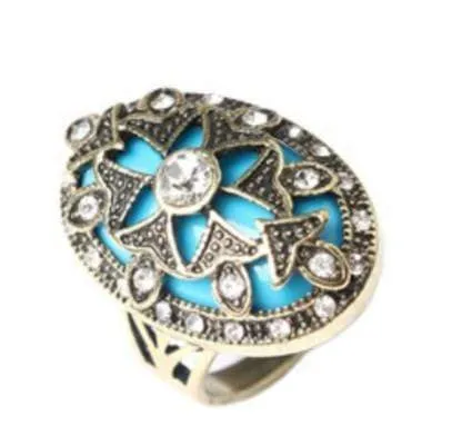MARVELOUS ANCIENT GOLD PLATED ALLOY WITH TURQUOISE AND CUBIZ ZIRCONIA RING