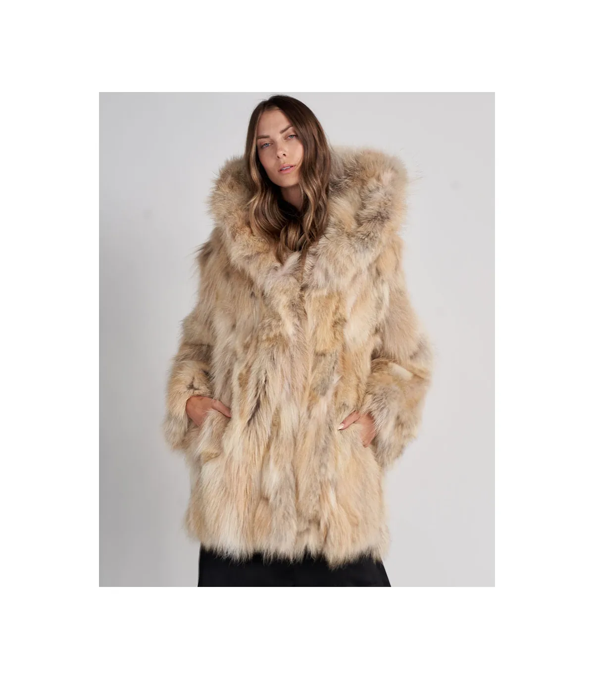 Melanie Hooded Coyote Fur Coat | FurHatWorld.com