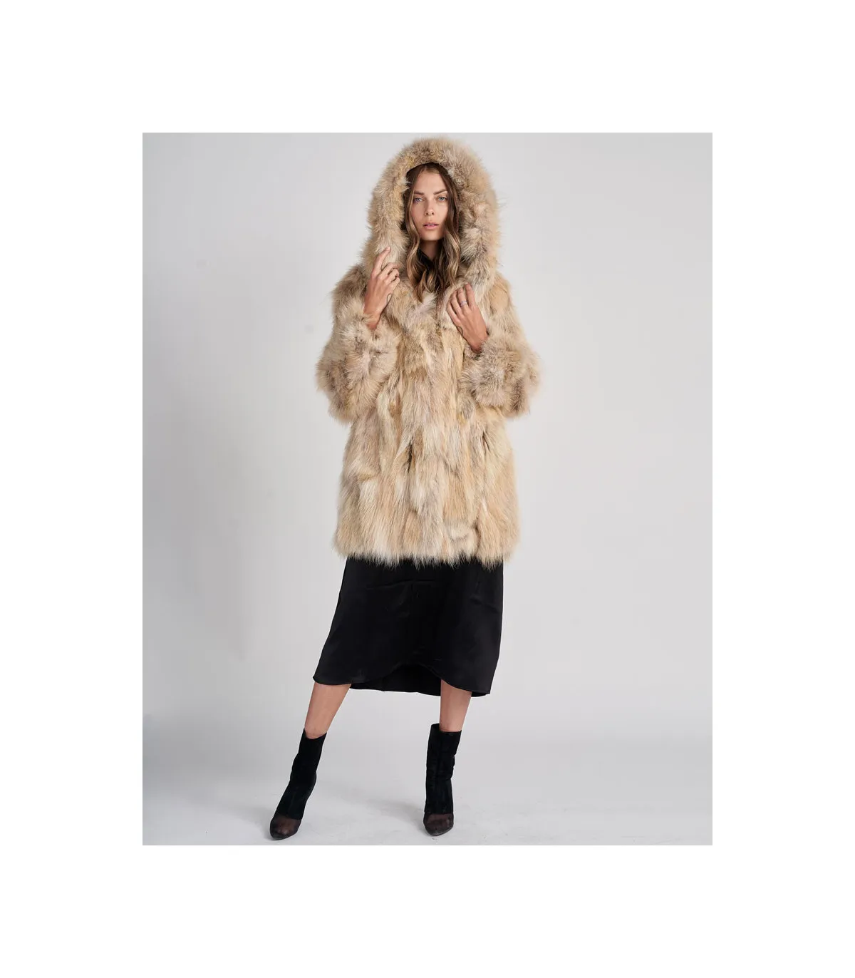 Melanie Hooded Coyote Fur Coat | FurHatWorld.com