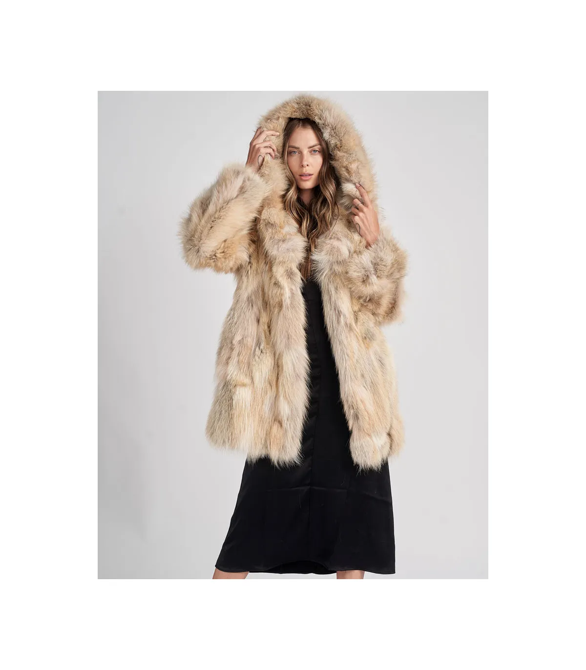 Melanie Hooded Coyote Fur Coat | FurHatWorld.com