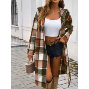 Plaid Long Sleeve Hooded Coat