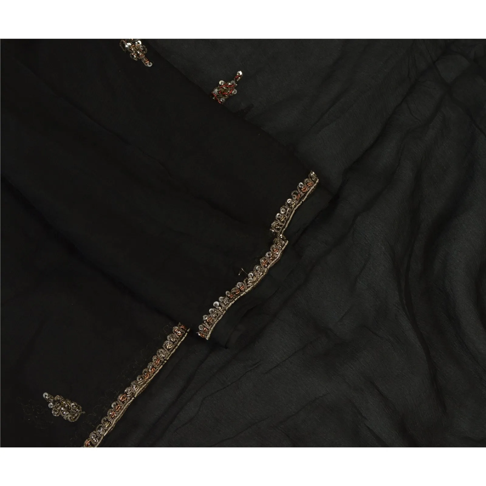 Sanskriti Vintage Dupatta Long Stole Pure Chiffon Silk Black Hand Beaded Scarves