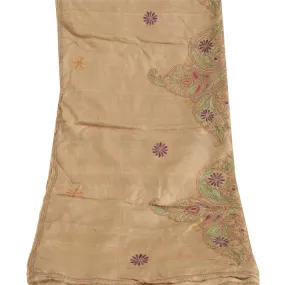 Sanskriti Vintage Dupatta Long Stole Pure Silk Brown Hand Beaded Kantha Scarves