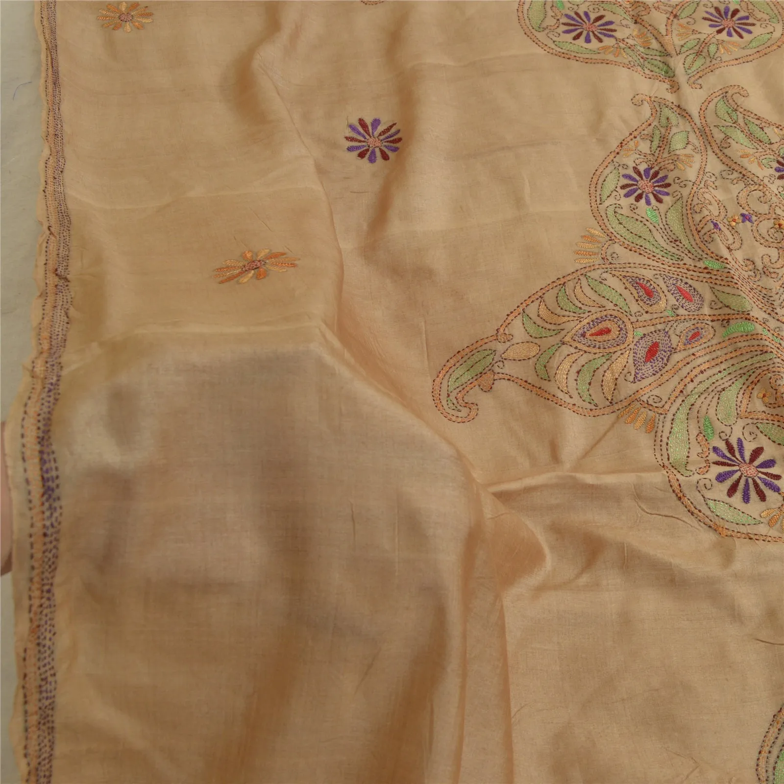 Sanskriti Vintage Dupatta Long Stole Pure Silk Brown Hand Beaded Kantha Scarves