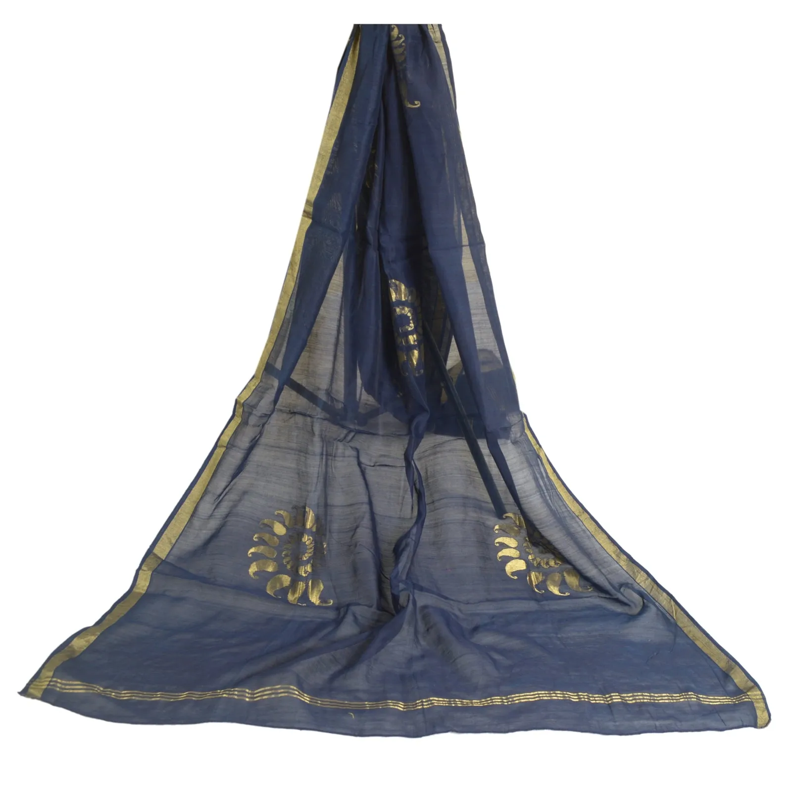 Sanskriti Vintage Long Blue Dupatta/Stole Cotton Silk Hand-Woven Zari Scarves