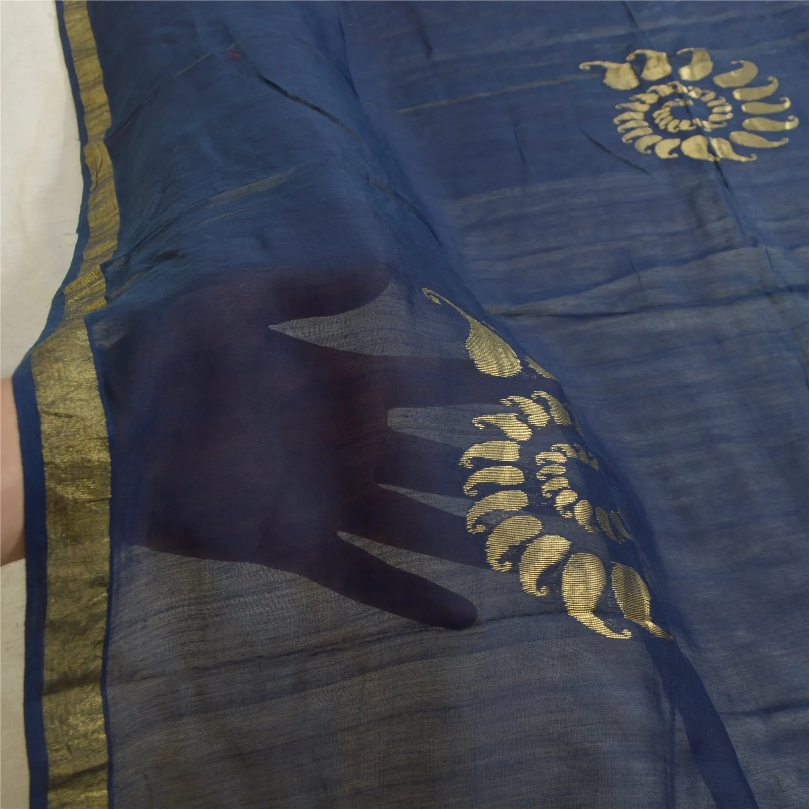 Sanskriti Vintage Long Blue Dupatta/Stole Cotton Silk Hand-Woven Zari Scarves