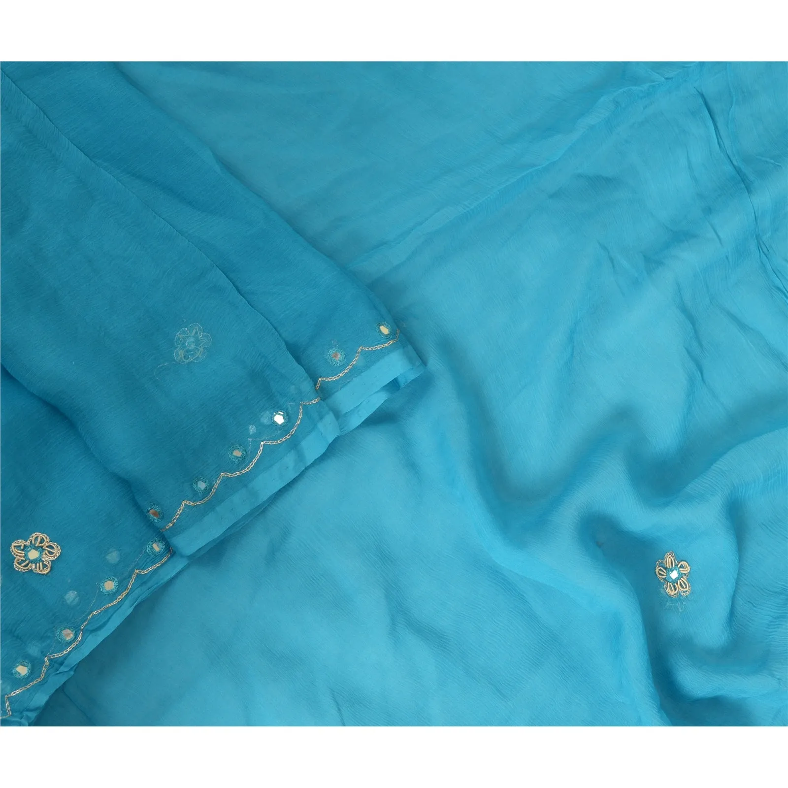 Sanskriti Vintage Long Blue Dupatta/Stole Pure Chiffon Silk Hand Beaded Scarves