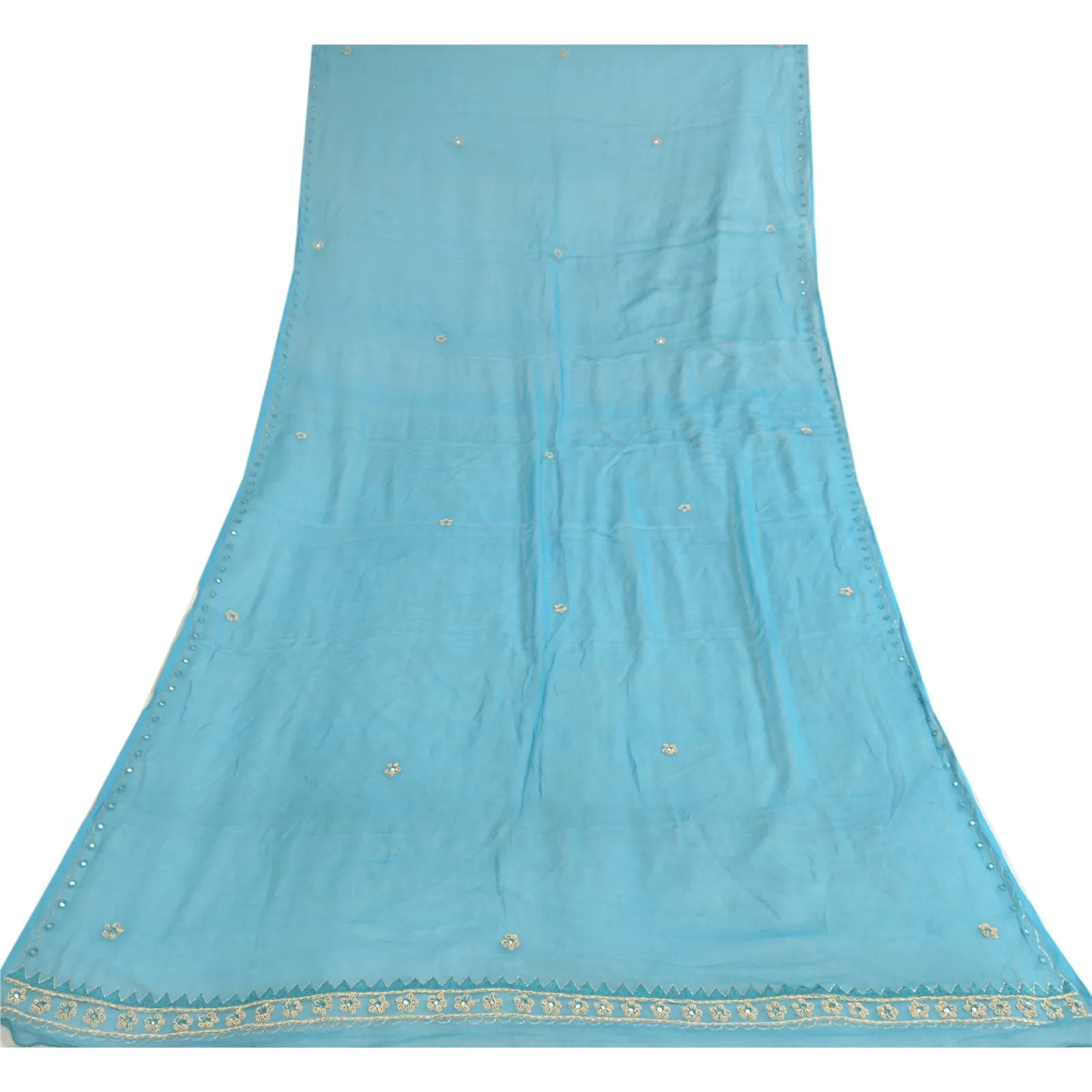 Sanskriti Vintage Long Blue Dupatta/Stole Pure Chiffon Silk Hand Beaded Scarves