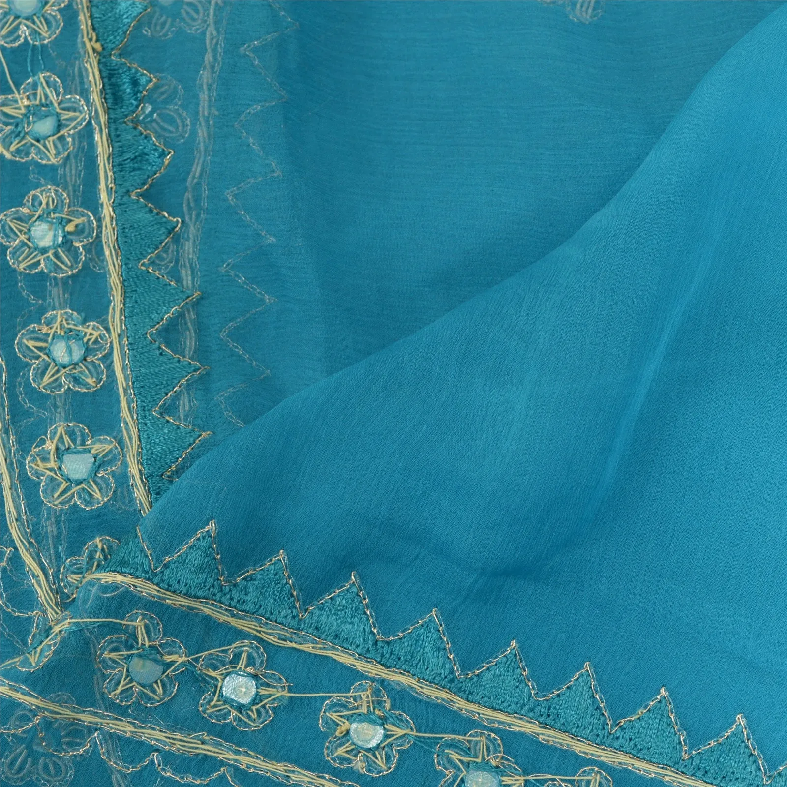 Sanskriti Vintage Long Blue Dupatta/Stole Pure Chiffon Silk Hand Beaded Scarves