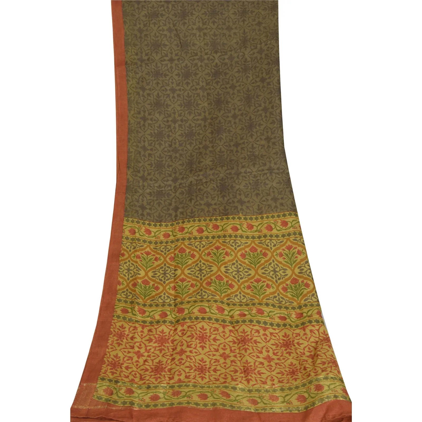 Sanskriti Vintage Long Dupatta Green 100% Pure Silk Printed Stole Scarves Veil