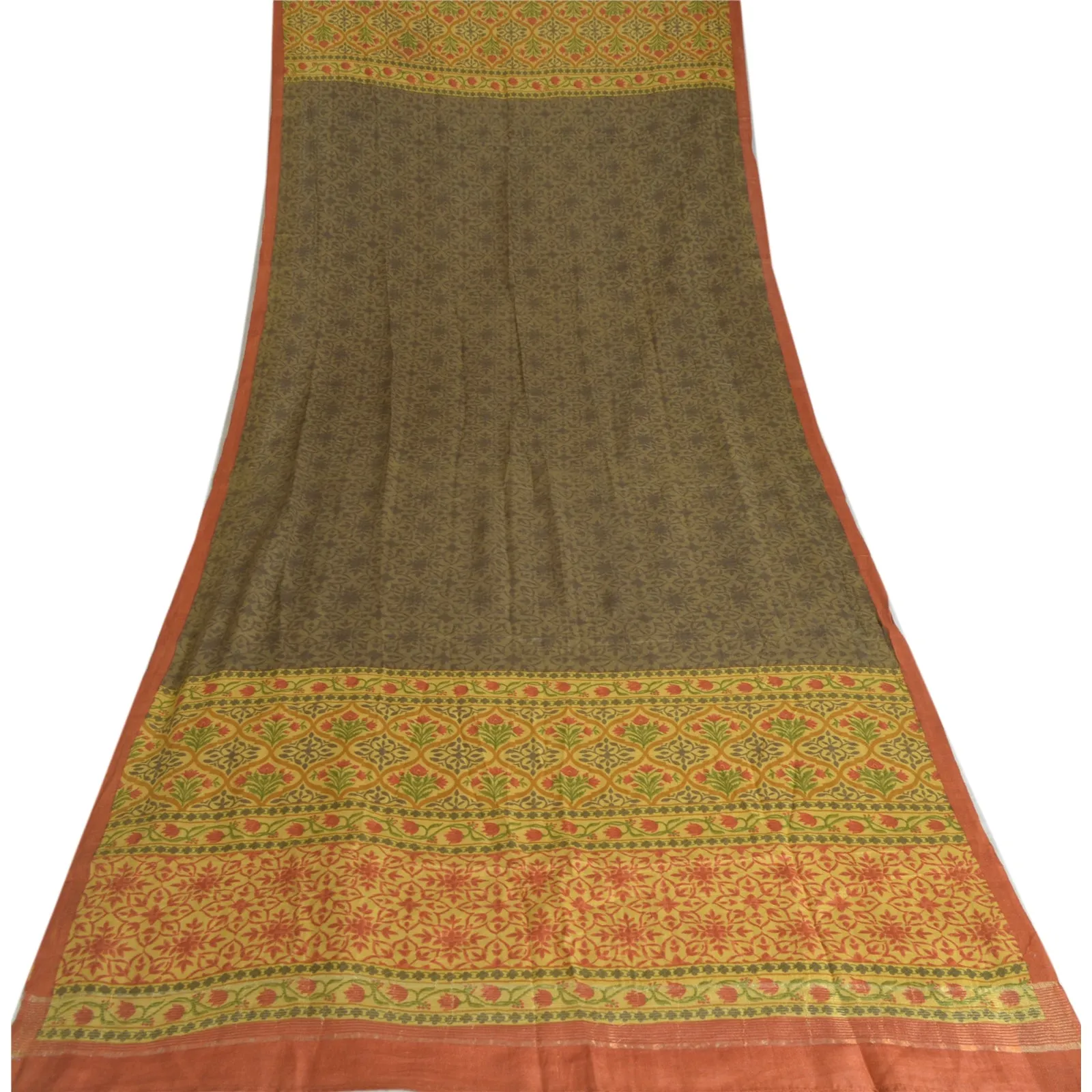 Sanskriti Vintage Long Dupatta Green 100% Pure Silk Printed Stole Scarves Veil