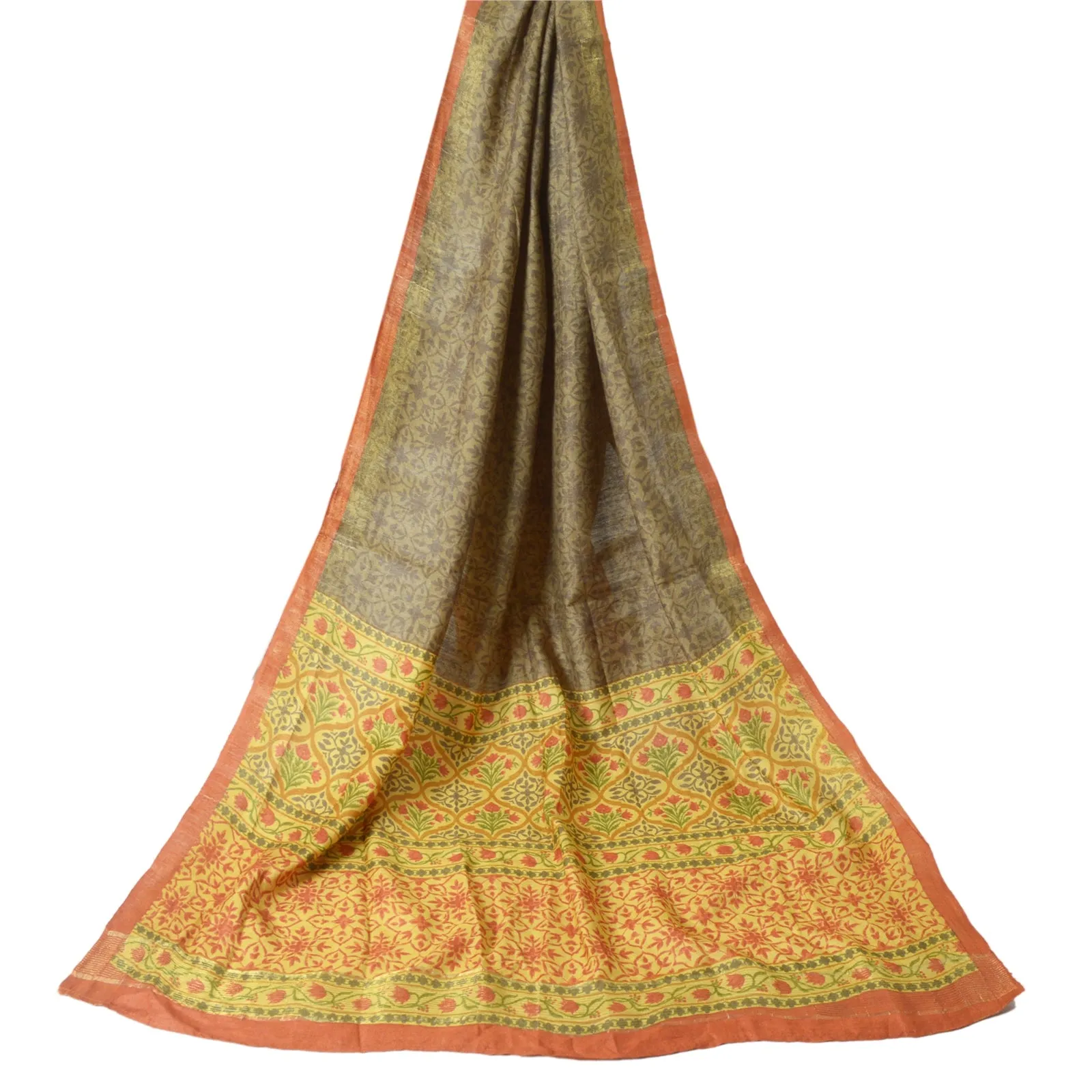 Sanskriti Vintage Long Dupatta Green 100% Pure Silk Printed Stole Scarves Veil