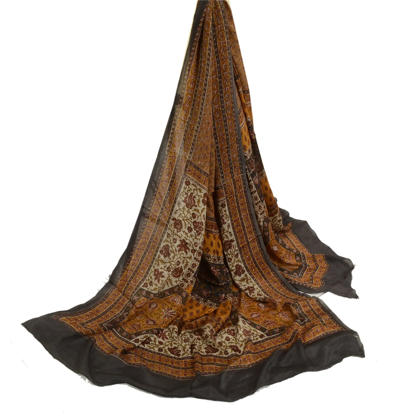 Sanskriti Vintage Long Dupatta Stole Pure Silk Brown/Black Printed Wrap Scarves