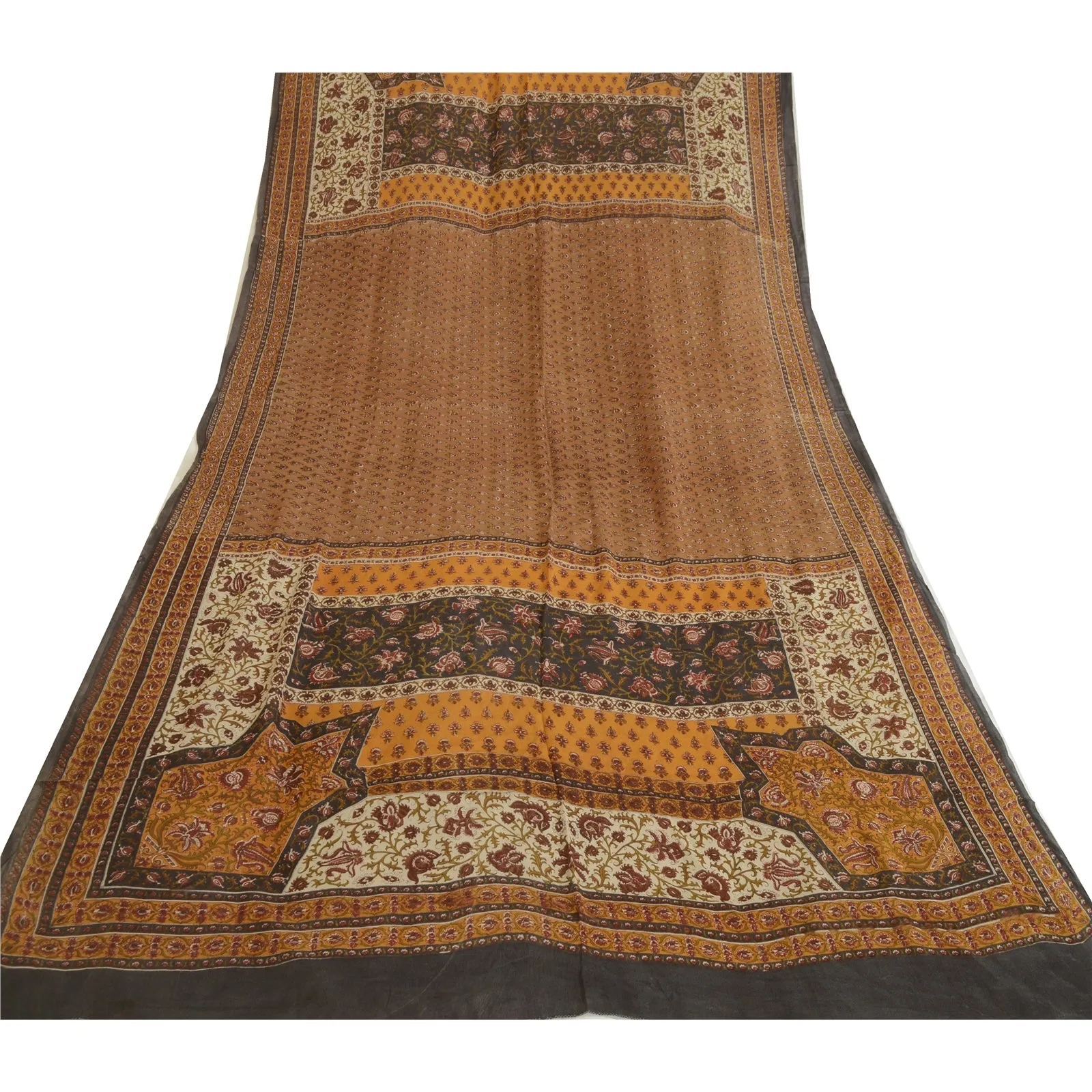 Sanskriti Vintage Long Dupatta Stole Pure Silk Brown/Black Printed Wrap Scarves