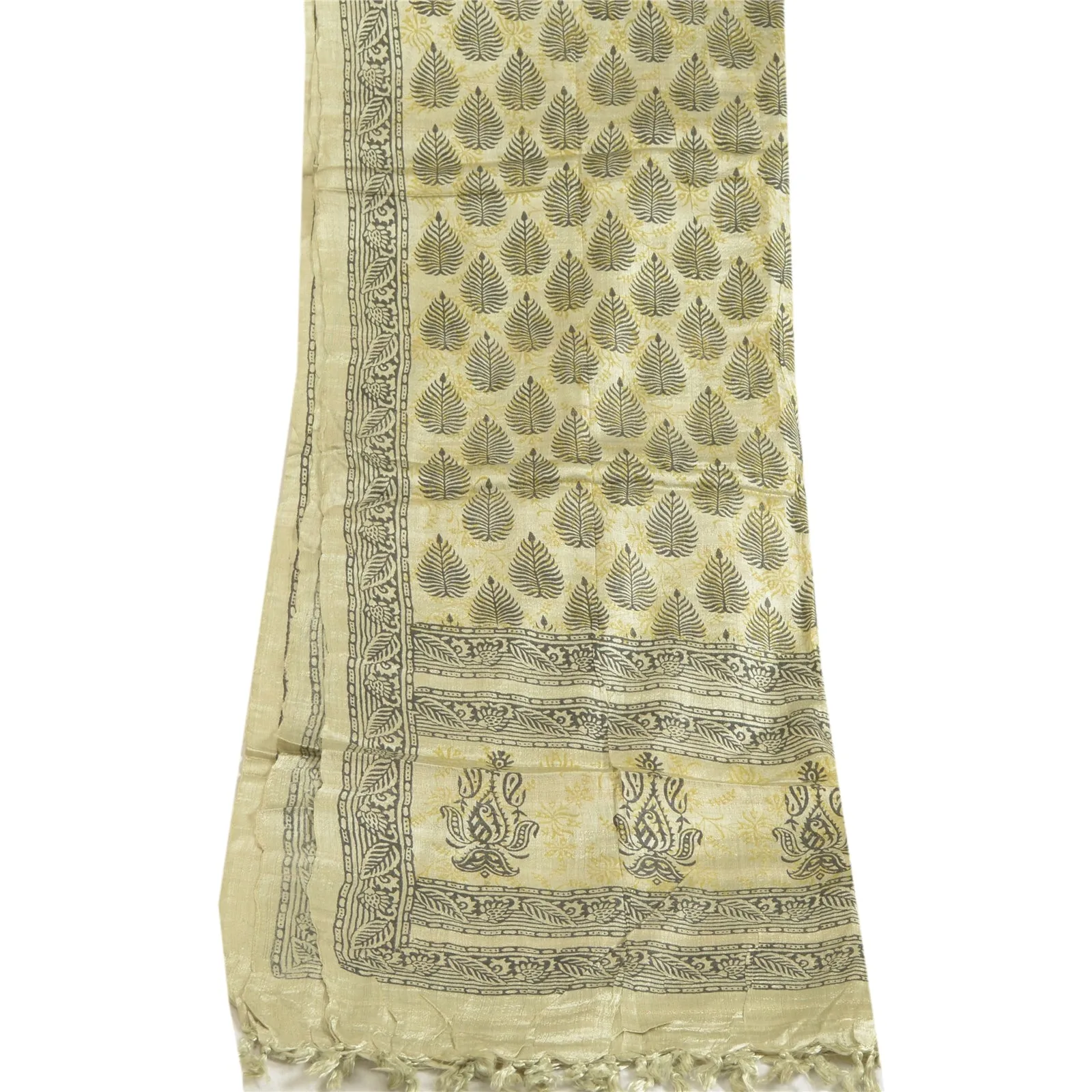 Sanskriti Vintage Long Dupatta Stole Pure Silk Ivory Hand-Block Printed Scarves