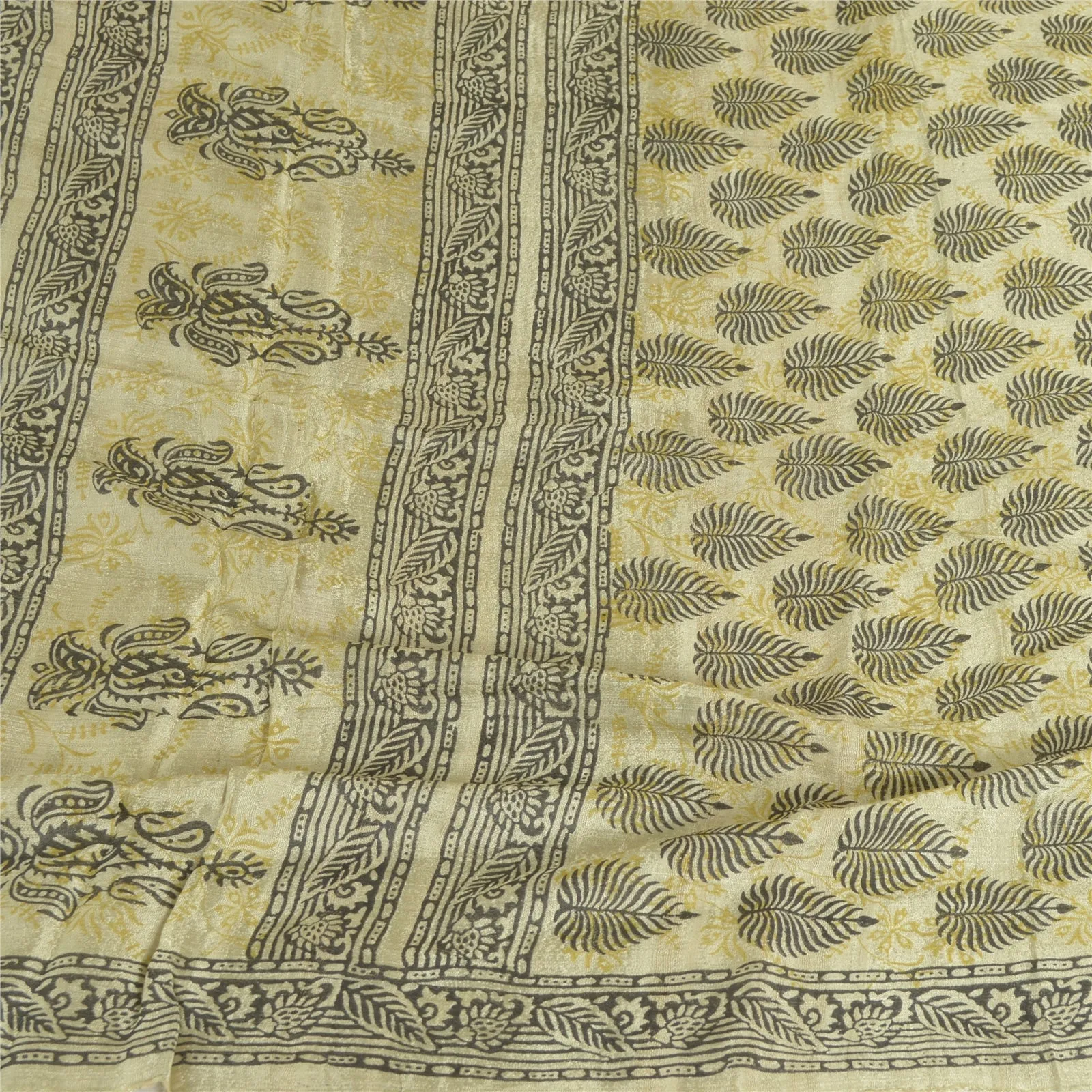 Sanskriti Vintage Long Dupatta Stole Pure Silk Ivory Hand-Block Printed Scarves