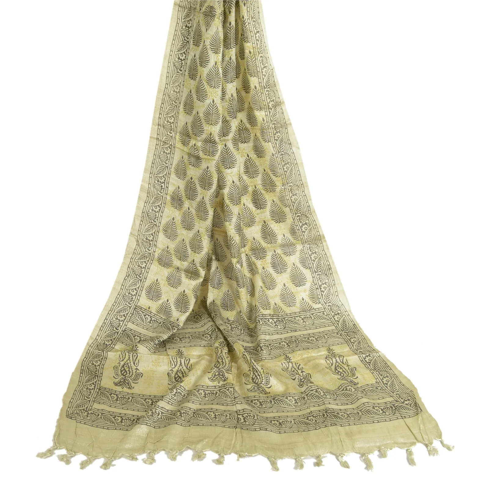 Sanskriti Vintage Long Dupatta Stole Pure Silk Ivory Hand-Block Printed Scarves