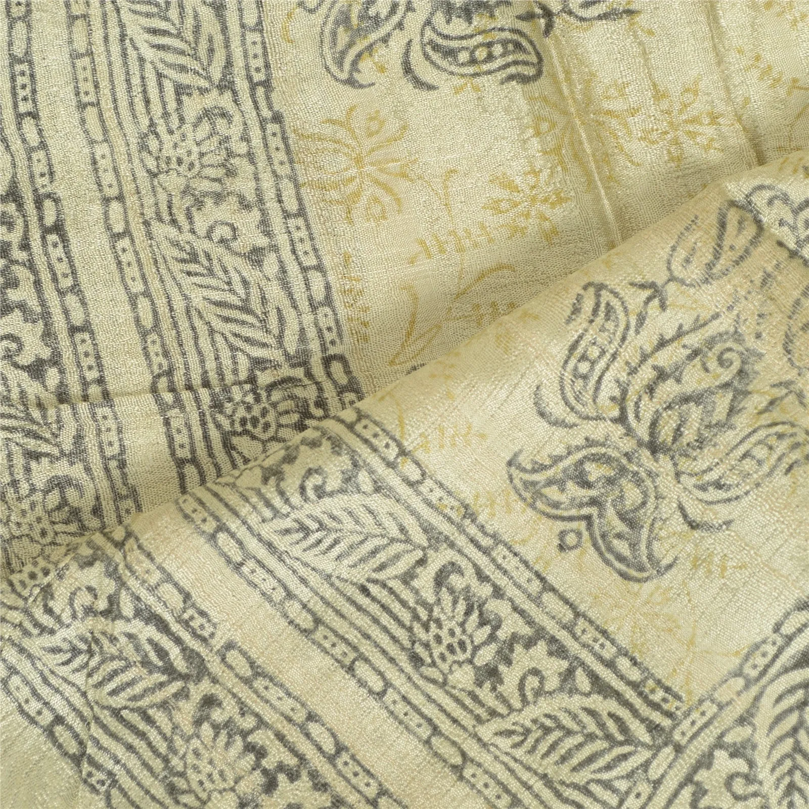 Sanskriti Vintage Long Dupatta Stole Pure Silk Ivory Hand-Block Printed Scarves