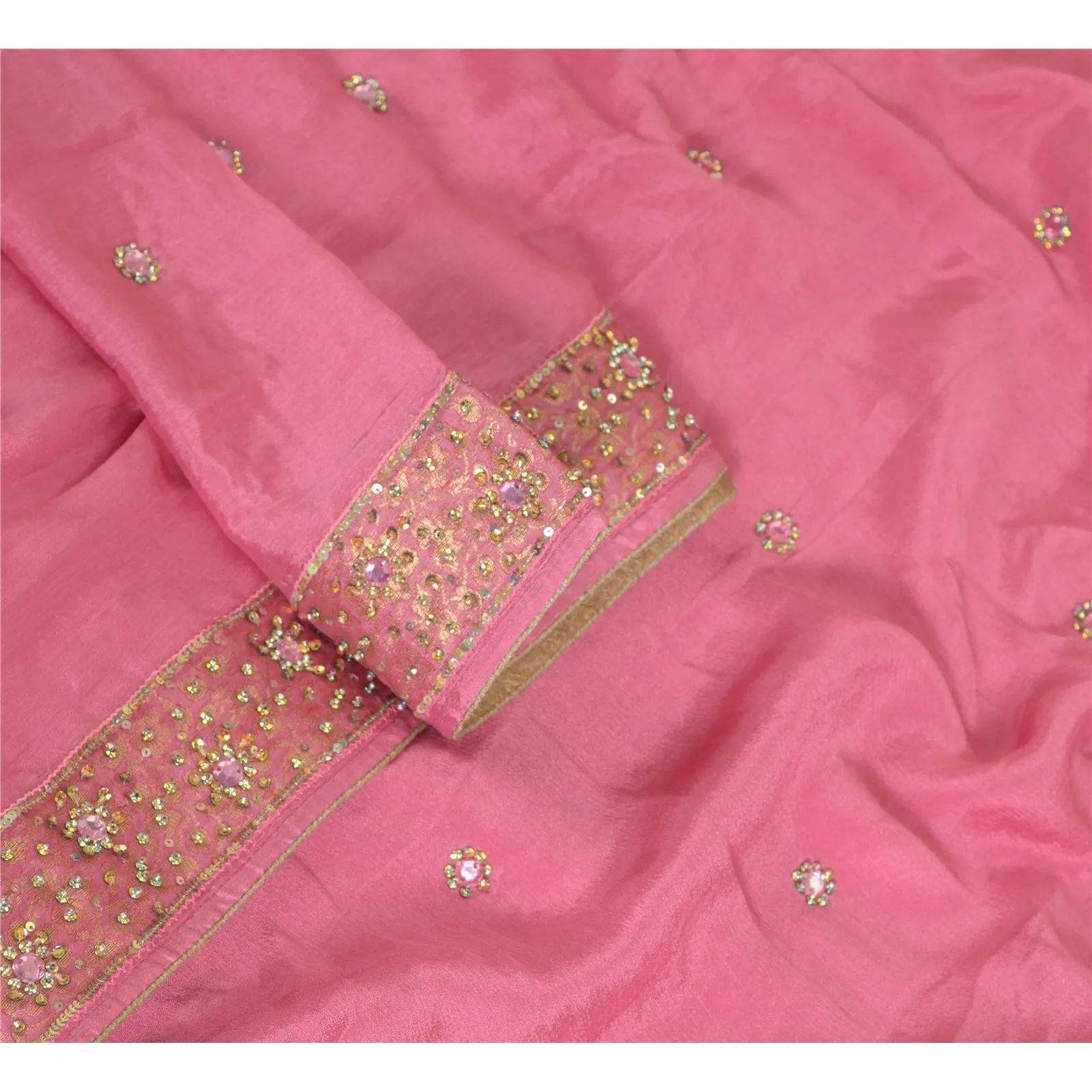 Sanskriti Vintage Long Dupatta Stole Pure Silk Pink Hand Beaded Woven Scarves