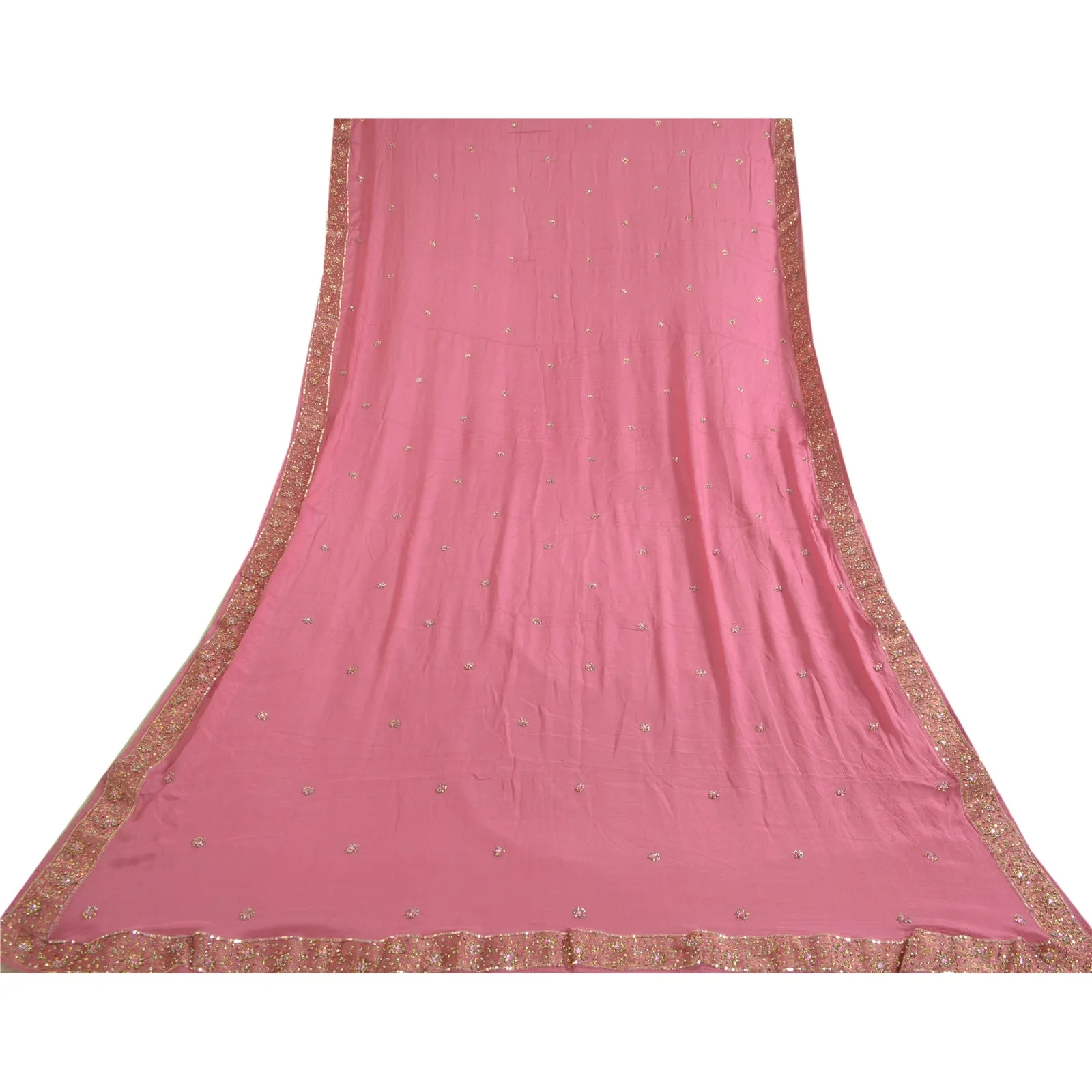 Sanskriti Vintage Long Dupatta Stole Pure Silk Pink Hand Beaded Woven Scarves