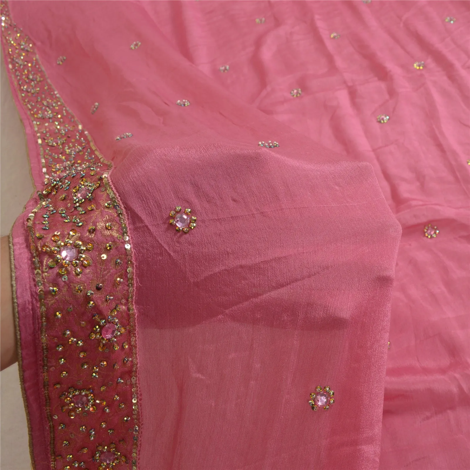 Sanskriti Vintage Long Dupatta Stole Pure Silk Pink Hand Beaded Woven Scarves