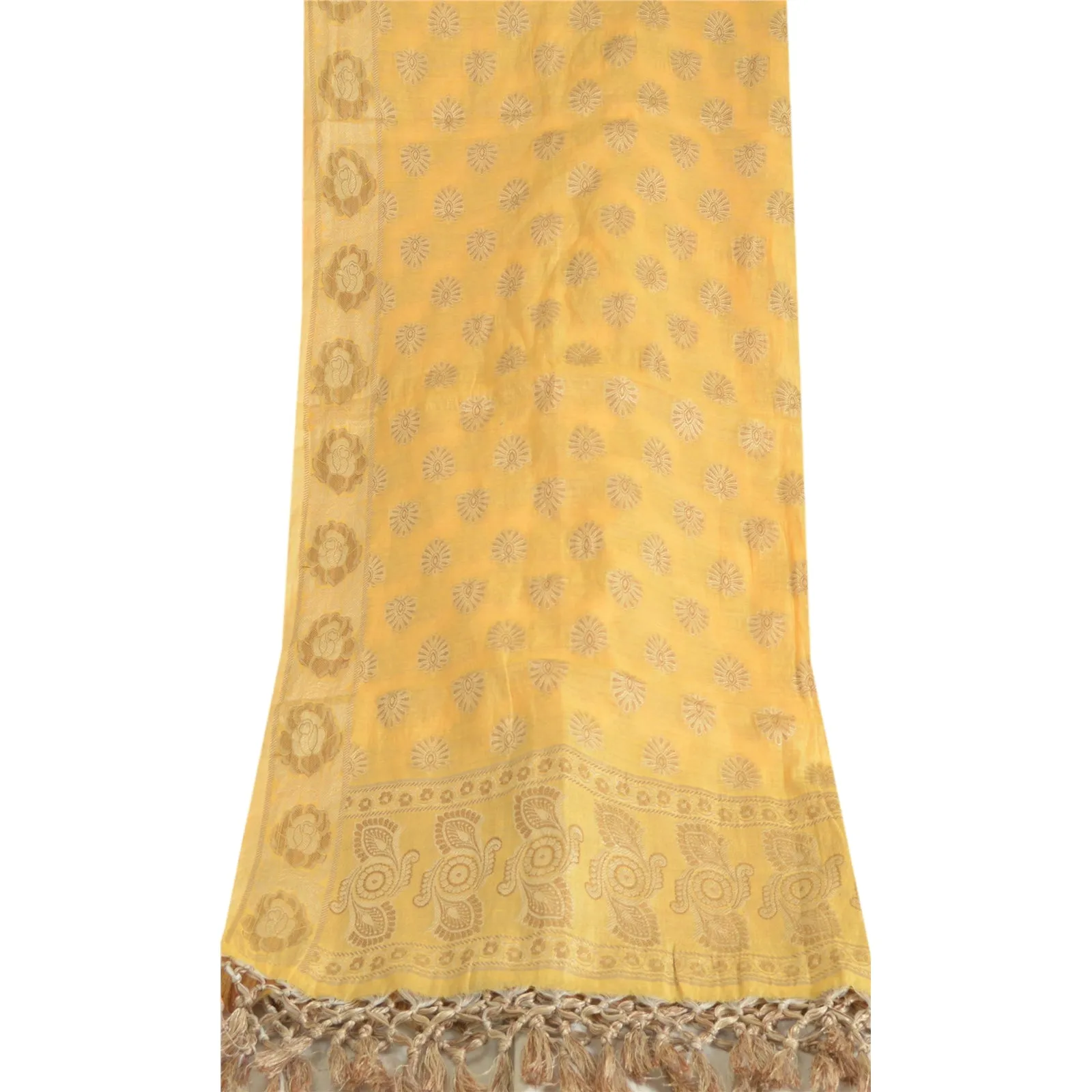 Sanskriti Vintage Long Dupatta Stole Pure Silk Yellow Hijab Woven Scarves