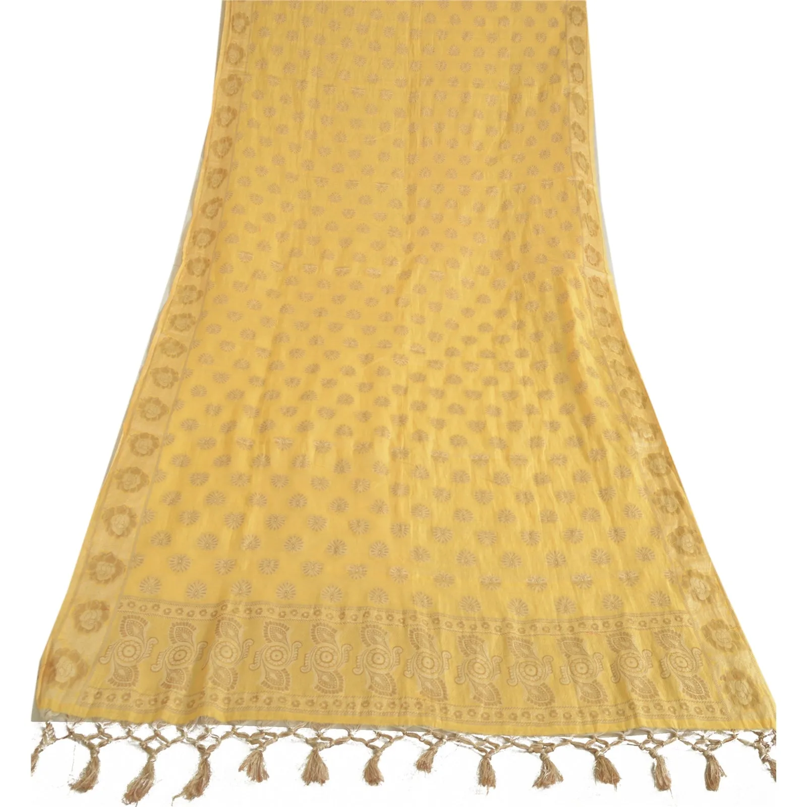 Sanskriti Vintage Long Dupatta Stole Pure Silk Yellow Hijab Woven Scarves