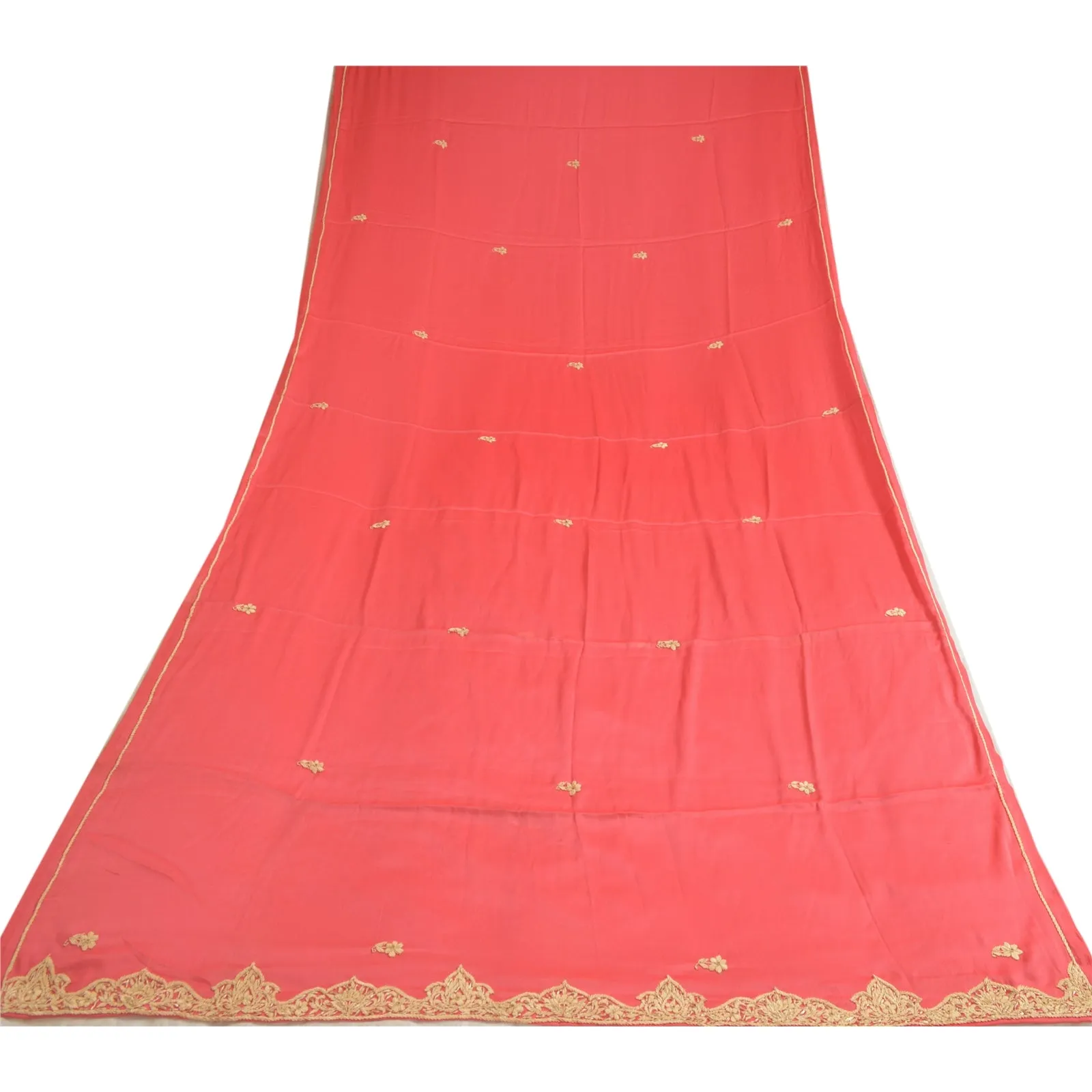 Sanskriti Vintage Long Dupatta Stole Satin Red Hand Beaded Zardozi Scarves