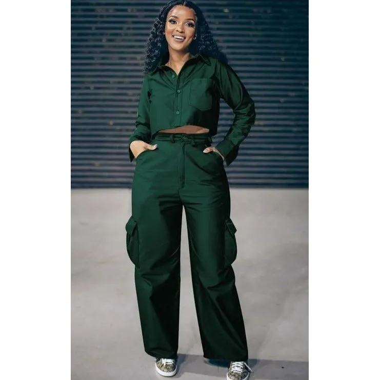 Vintage Buttoned Crop Top and Pant Set