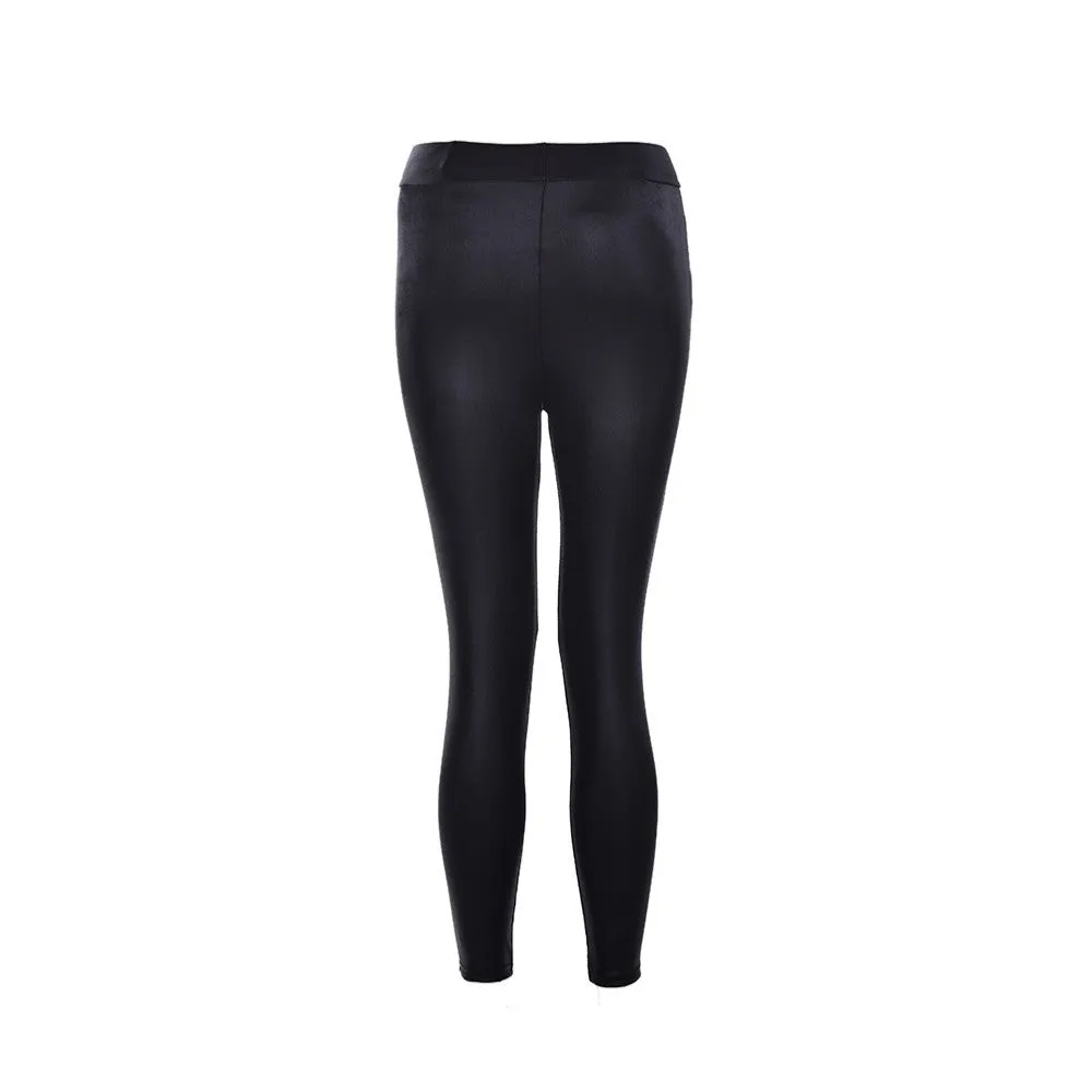 Women Sexy Faux Leather Leggings Slim Pant Elastic Stretch Skinny Pants Trousers Black SM6